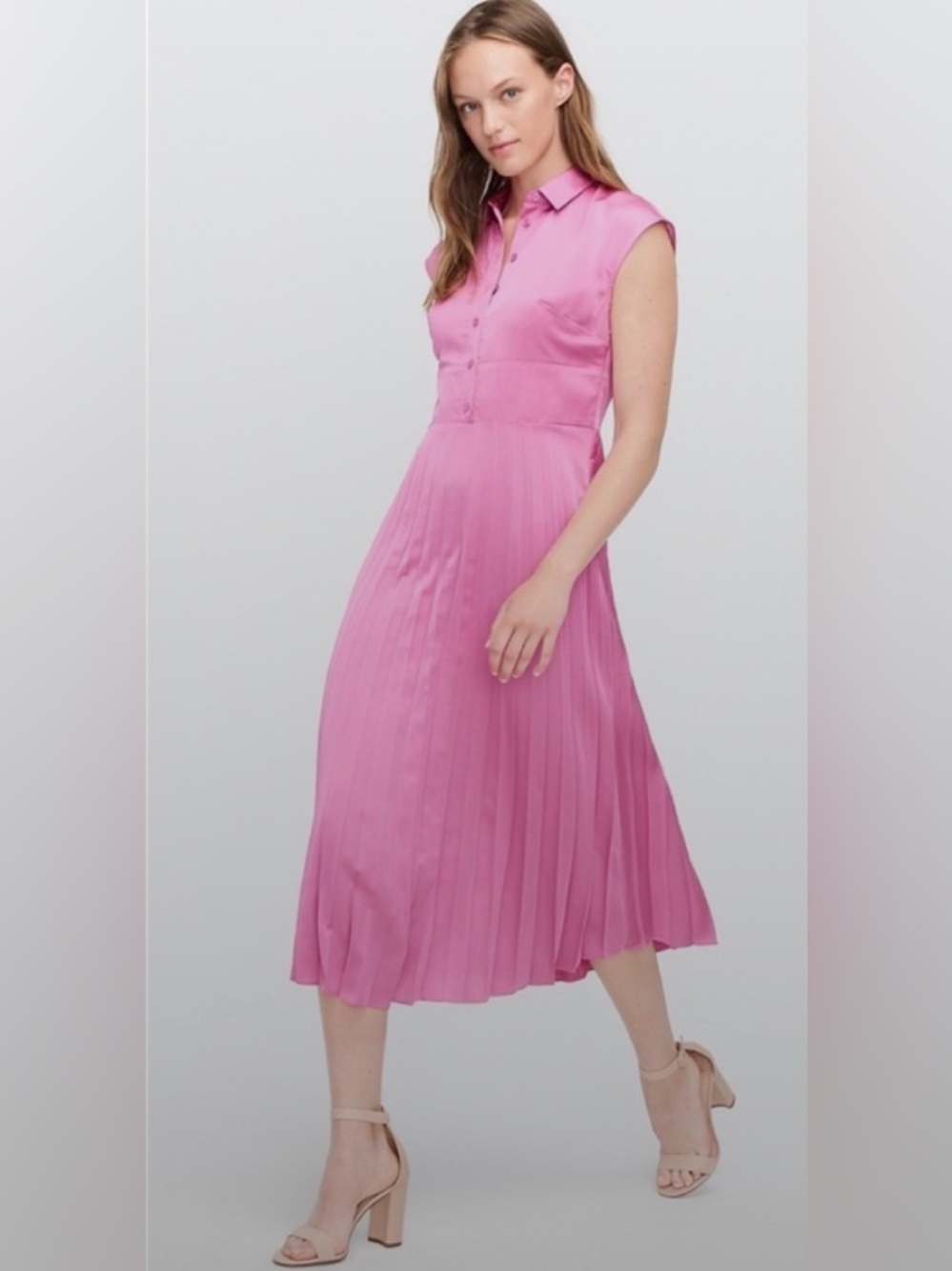 J. Crew Bright Pink Pleated Button-Front Midi Dress